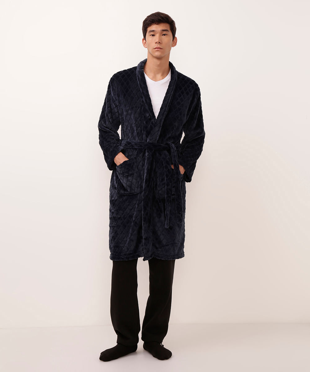 roupão de fleece manga longa texturizado azul marinho