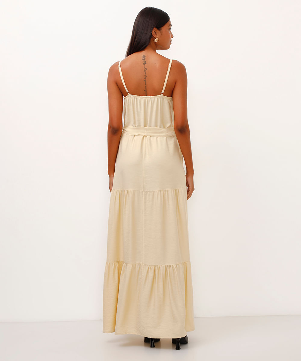 vestido de viscose longo decote v bege