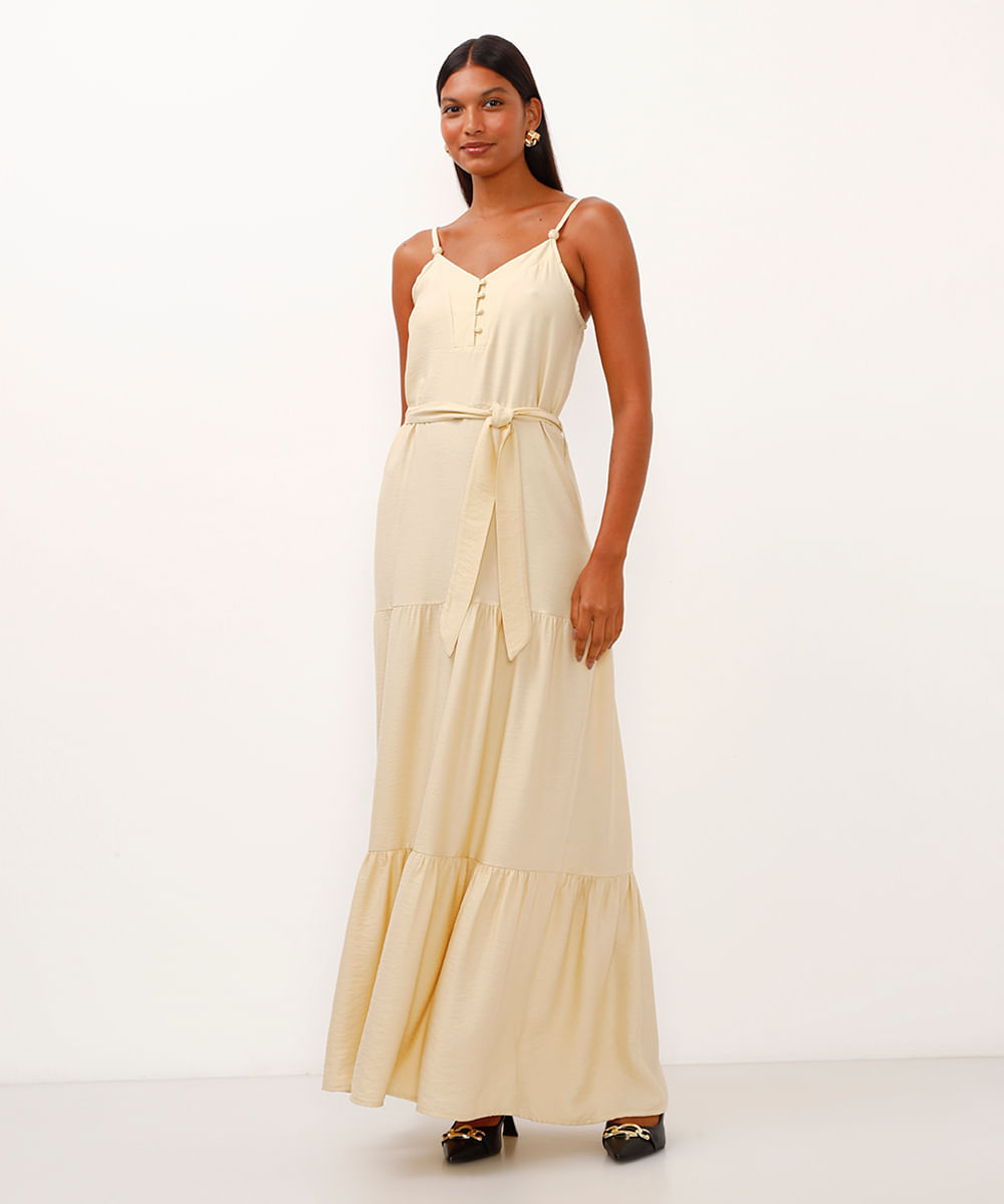 vestido de viscose longo decote v bege