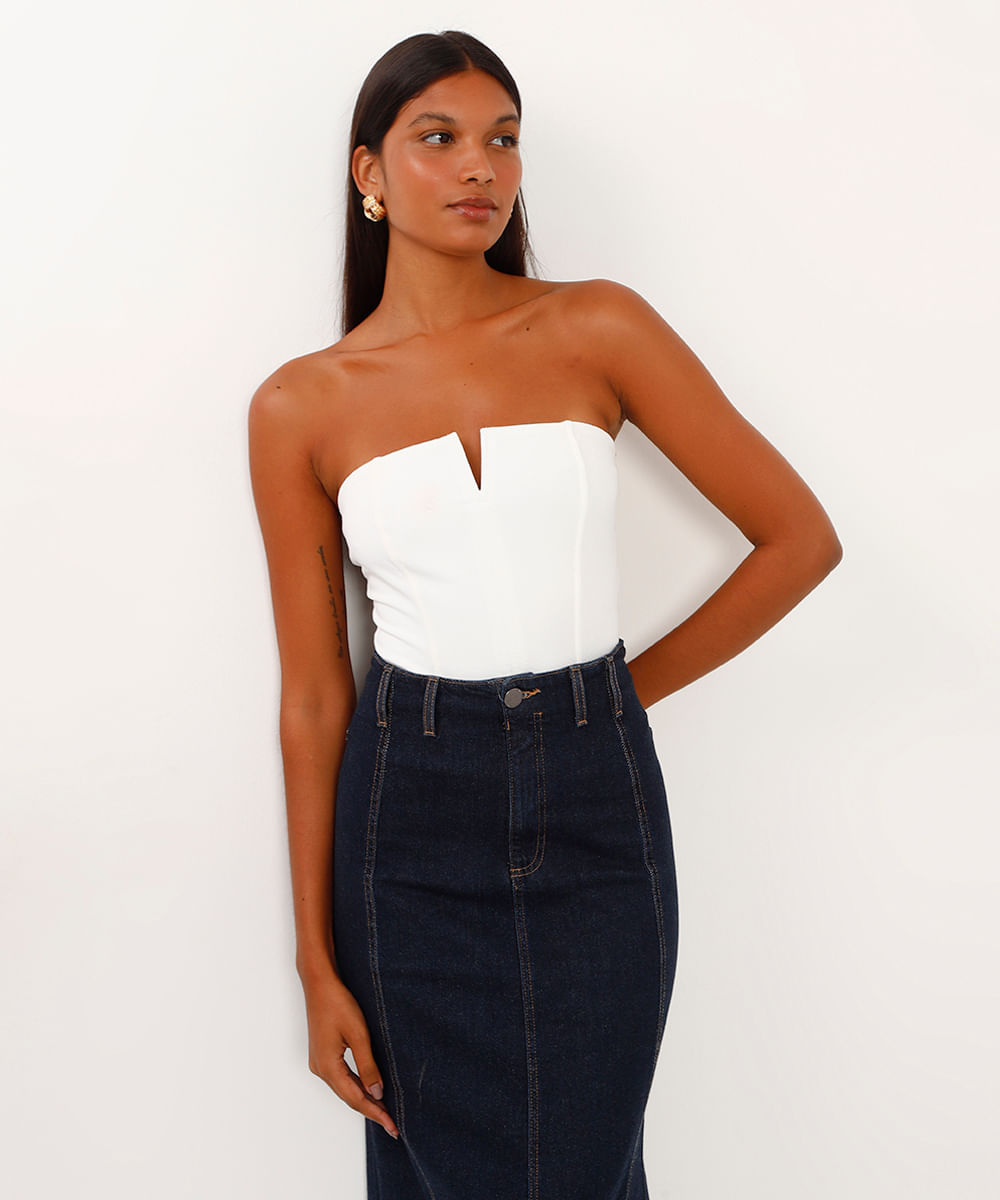 top corset sem alça decote v off white