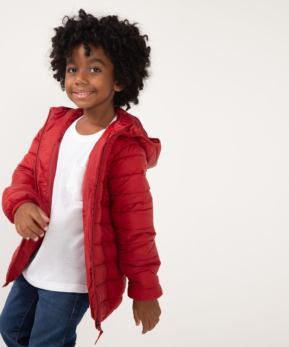 Jaqueta Infantil Puffer com Capuz e Bolsos Vermelha