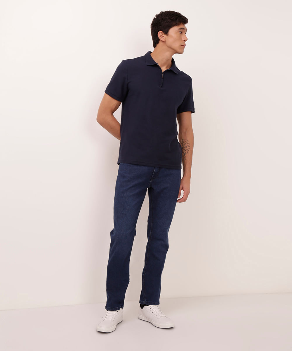 calça jeans reta slim azul escuro