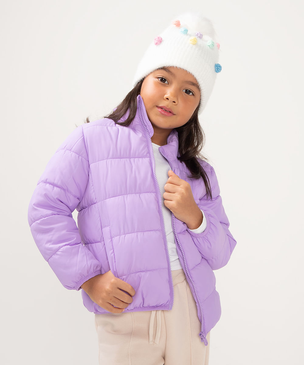 jaqueta puffer infantil gola alta lilás