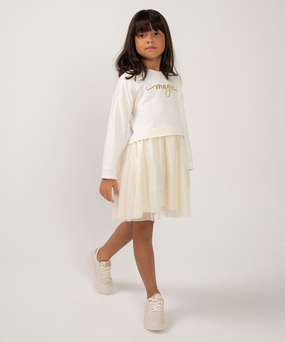 vestido infantil manda longa moletinho magic bege