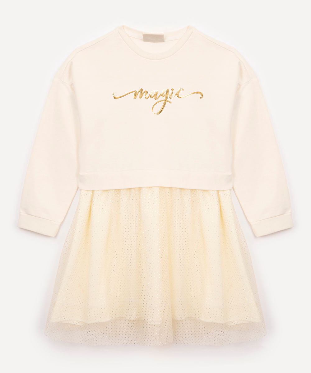 vestido infantil manda longa moletinho magic bege