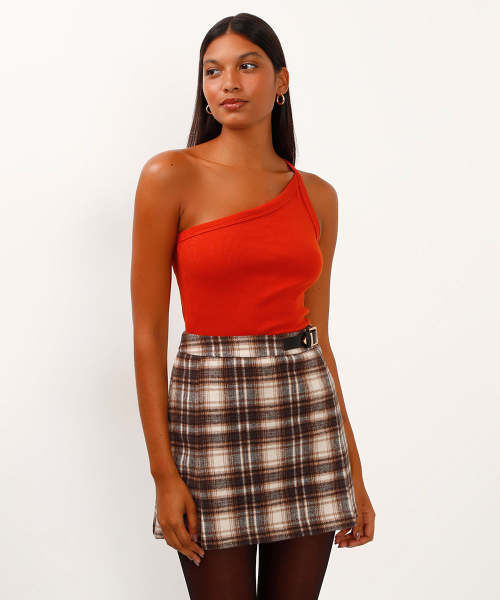 blusa de algodão assimétrico ombro único laranja