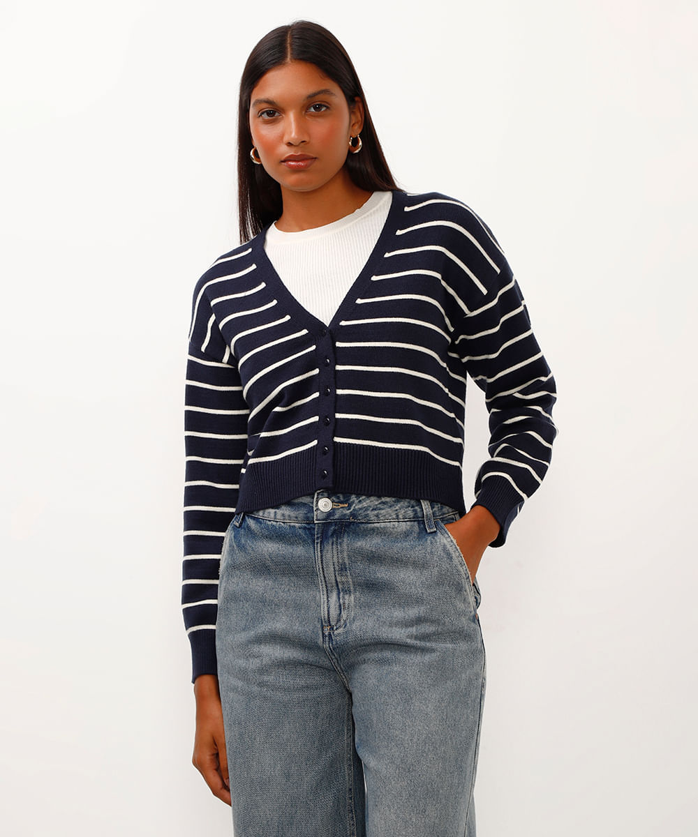 cardigan de tricot cropped listrado azul marinho
