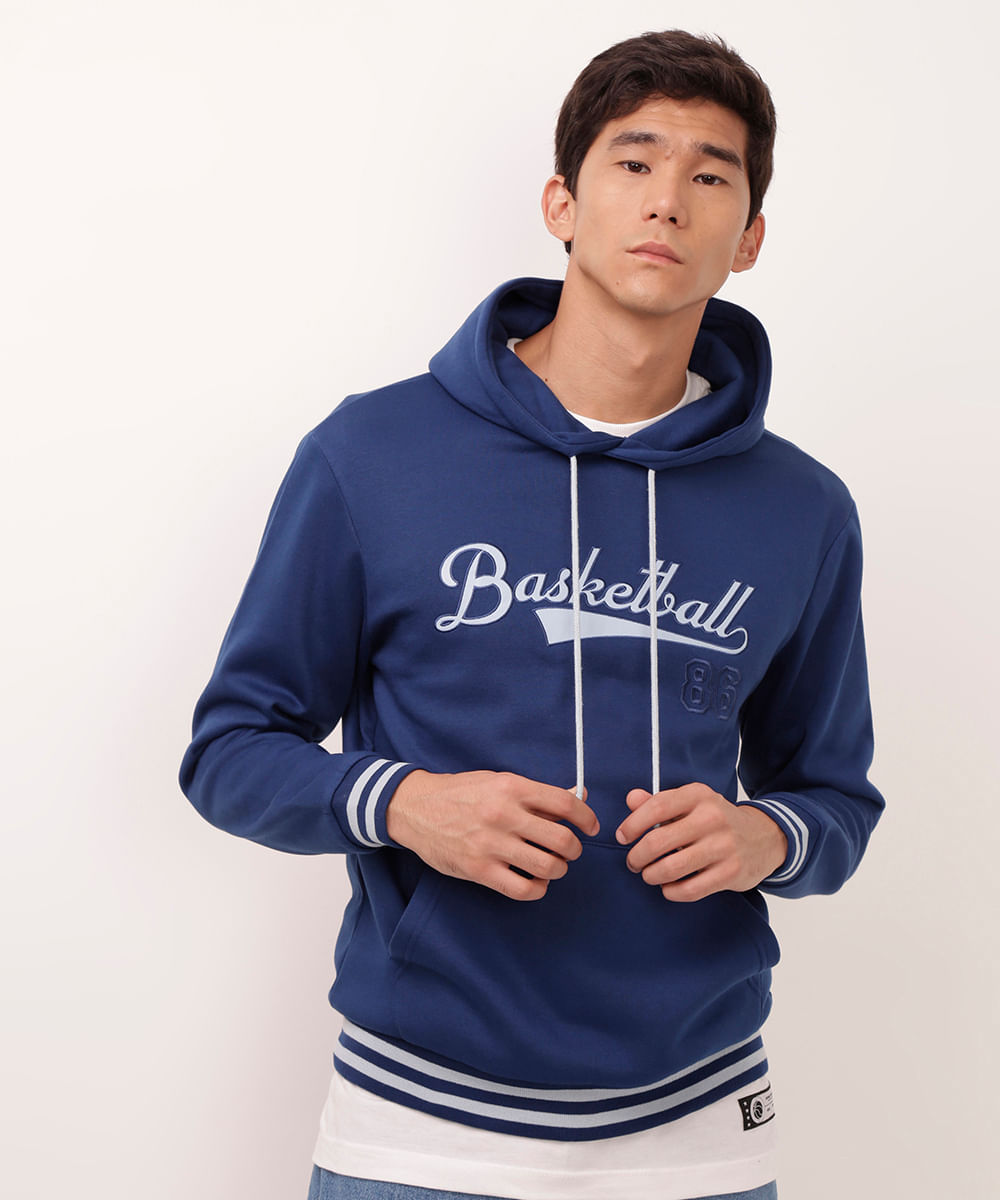 blusão de moletom basketball com capuz azul