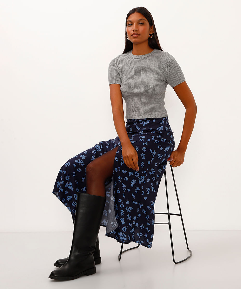 cropped de tricot trançado cinza