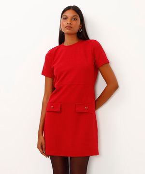 vestido curto texturizado manga curta vermelho