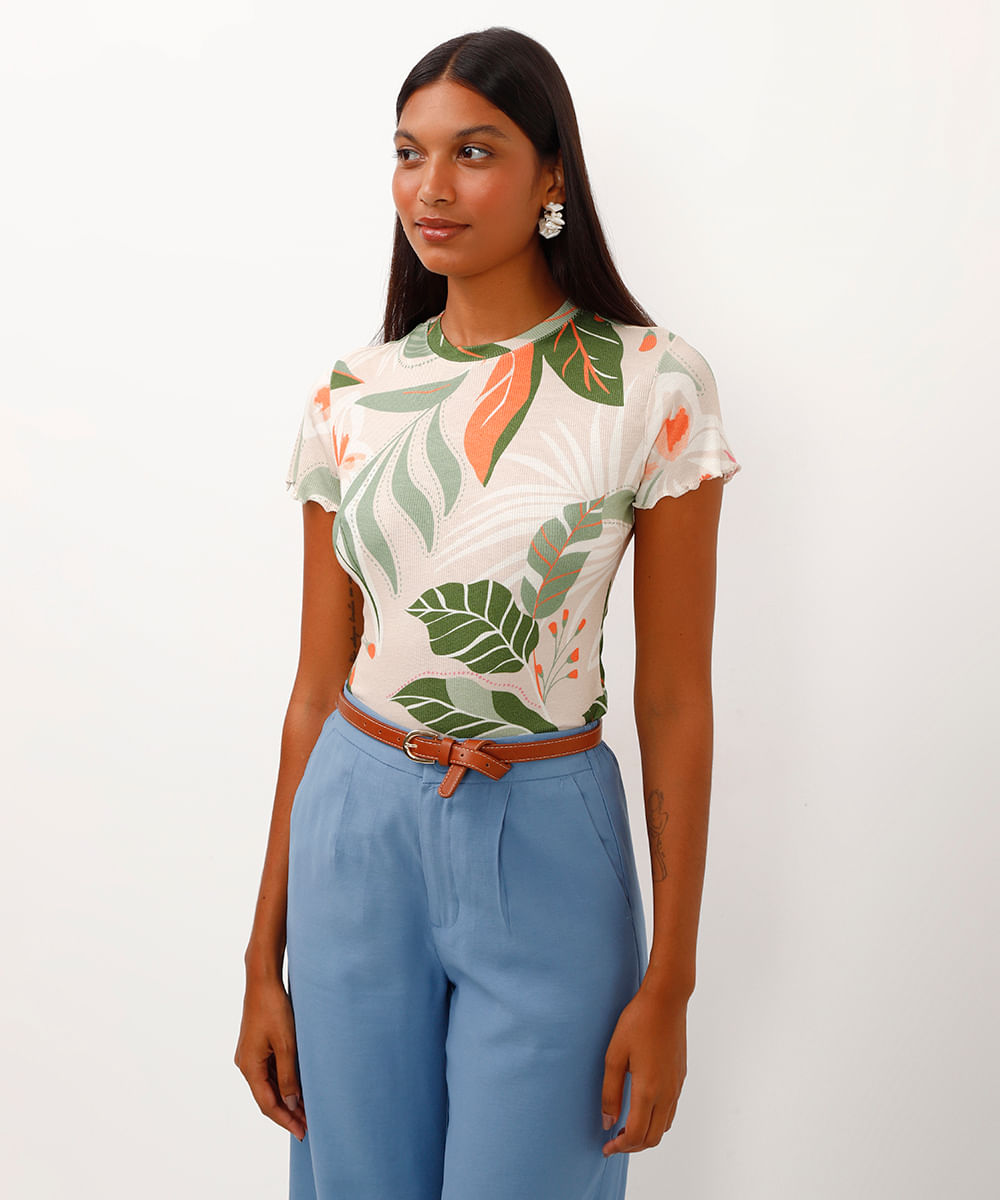 camiseta de viscose floral bege
