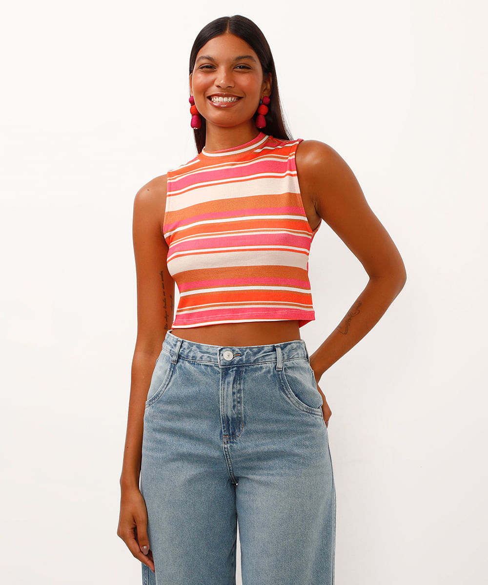 cropped de viscose canelado listrado rosa