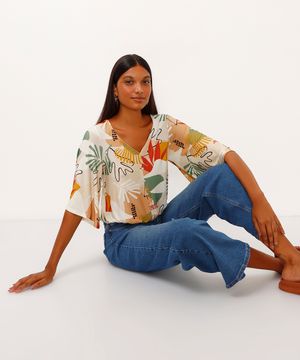 blusa de viscose com amarração geométrica bege