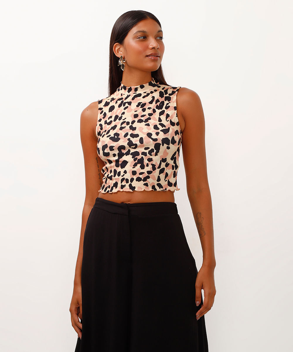 regata de viscose cropped gola alta animal print bege