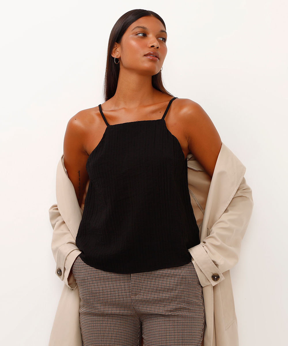 regata de viscose halterneck texturizada preta