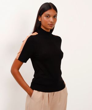 blusa de tricot gola alta ombro bicolor preto