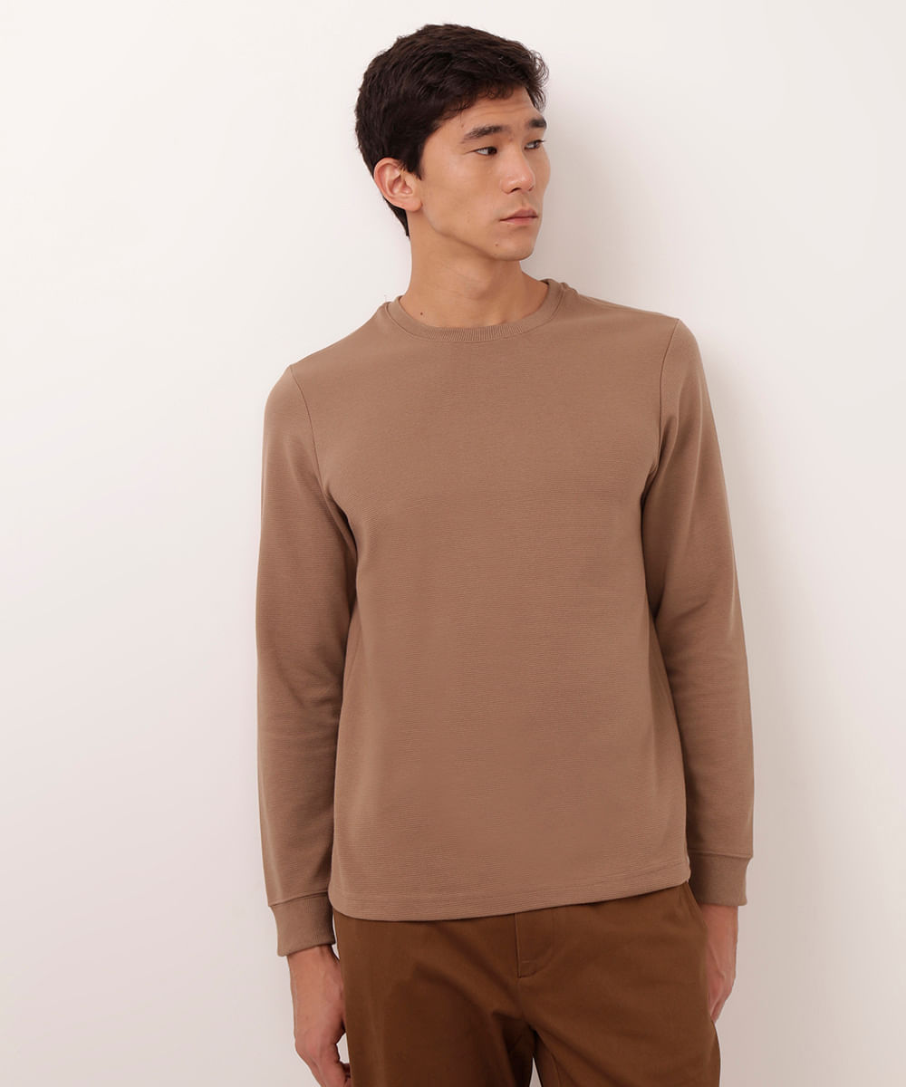 camiseta de moletinho manga longa bege