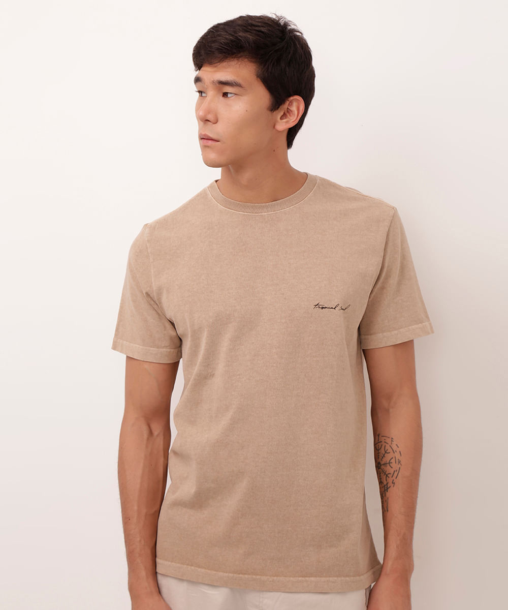camiseta de algodão manga curta tropical soul bege