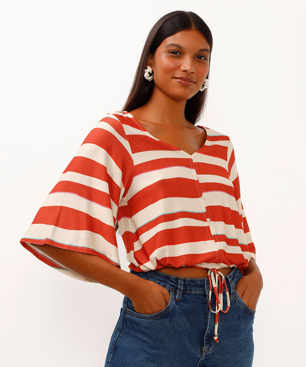 blusa de viscose listrada com botões laranja