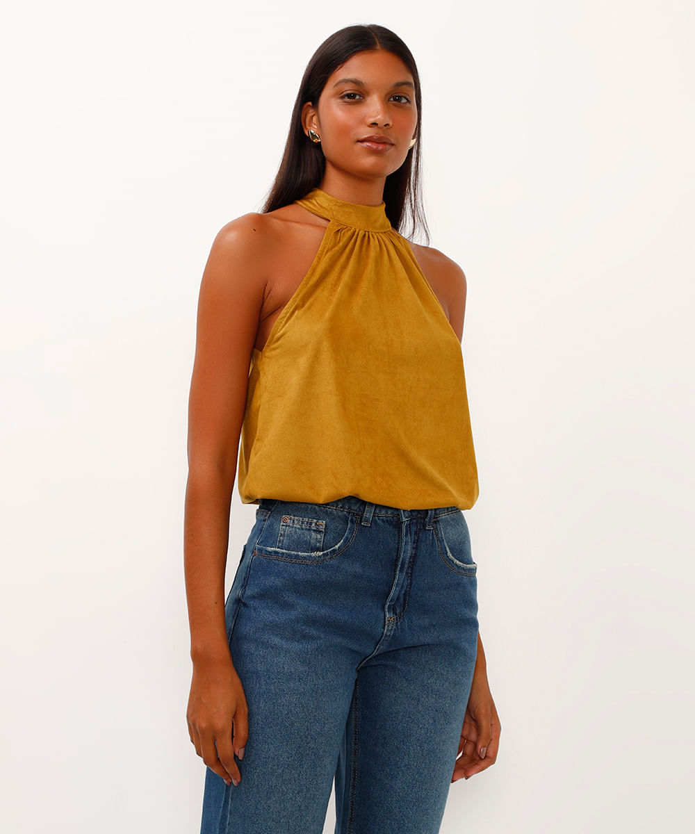 regata de suede halterneck marrom