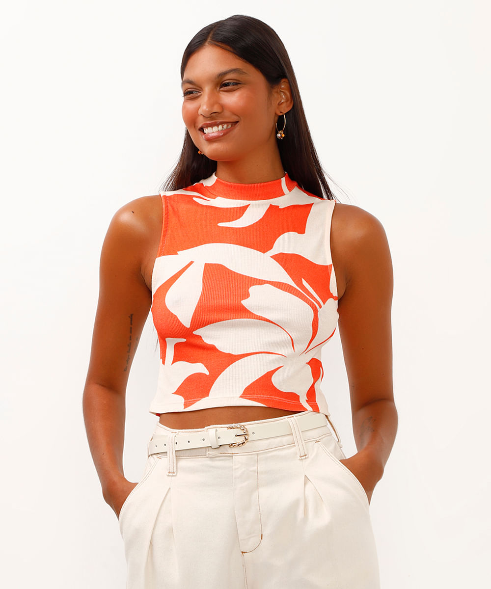 regata de viscose cropped folhagem laranja