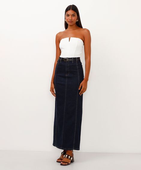 saia jeans longa cintura super alta com fenda azul