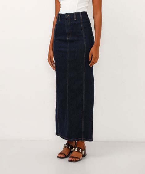 saia jeans longa cintura super alta com fenda azul