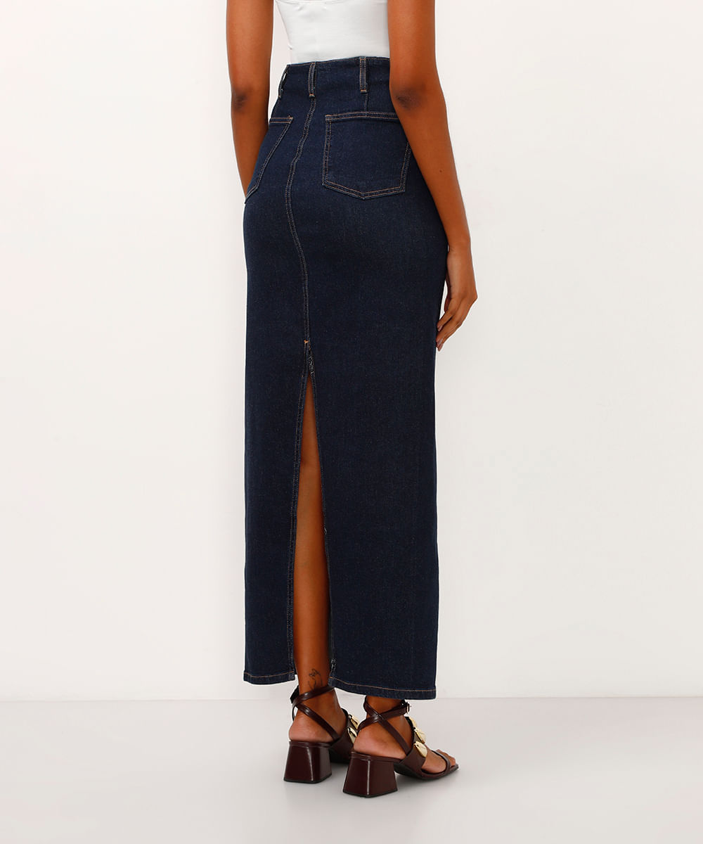 saia jeans longa cintura super alta com fenda azul