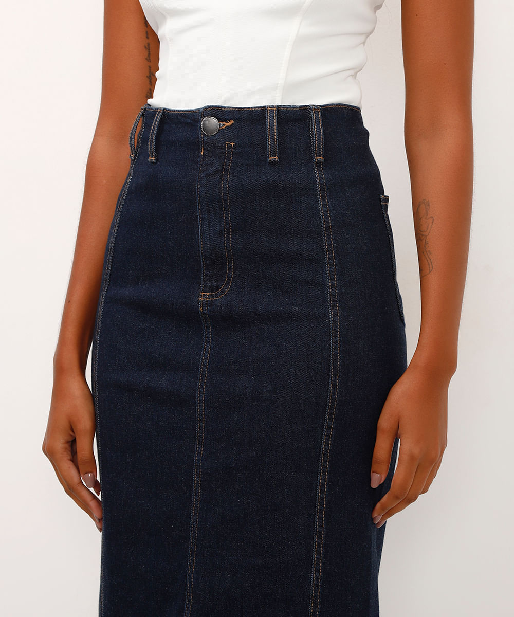 saia jeans longa cintura super alta com fenda azul