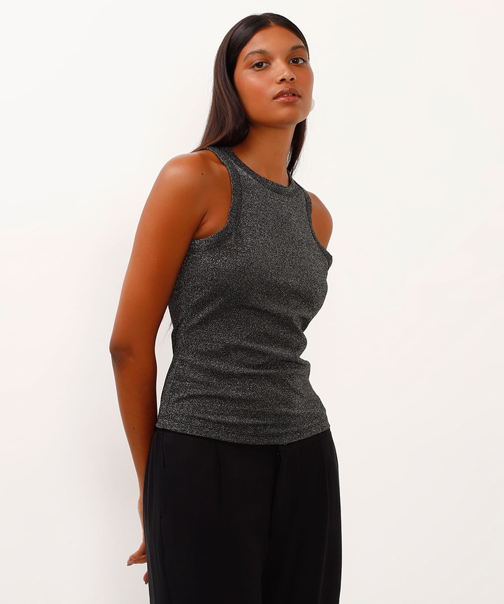 regata de tricot halterneck lurex preto