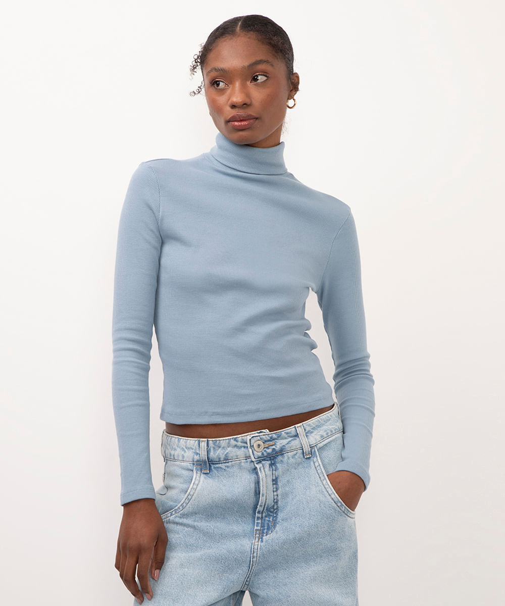 blusa feminina de algodão gola alta azul
