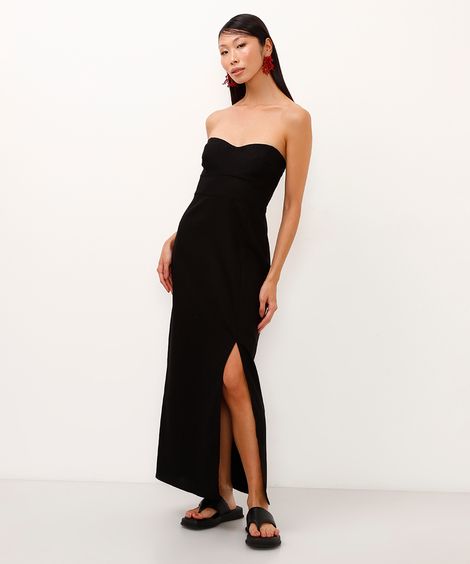 vestido midi com linho sem alça preto