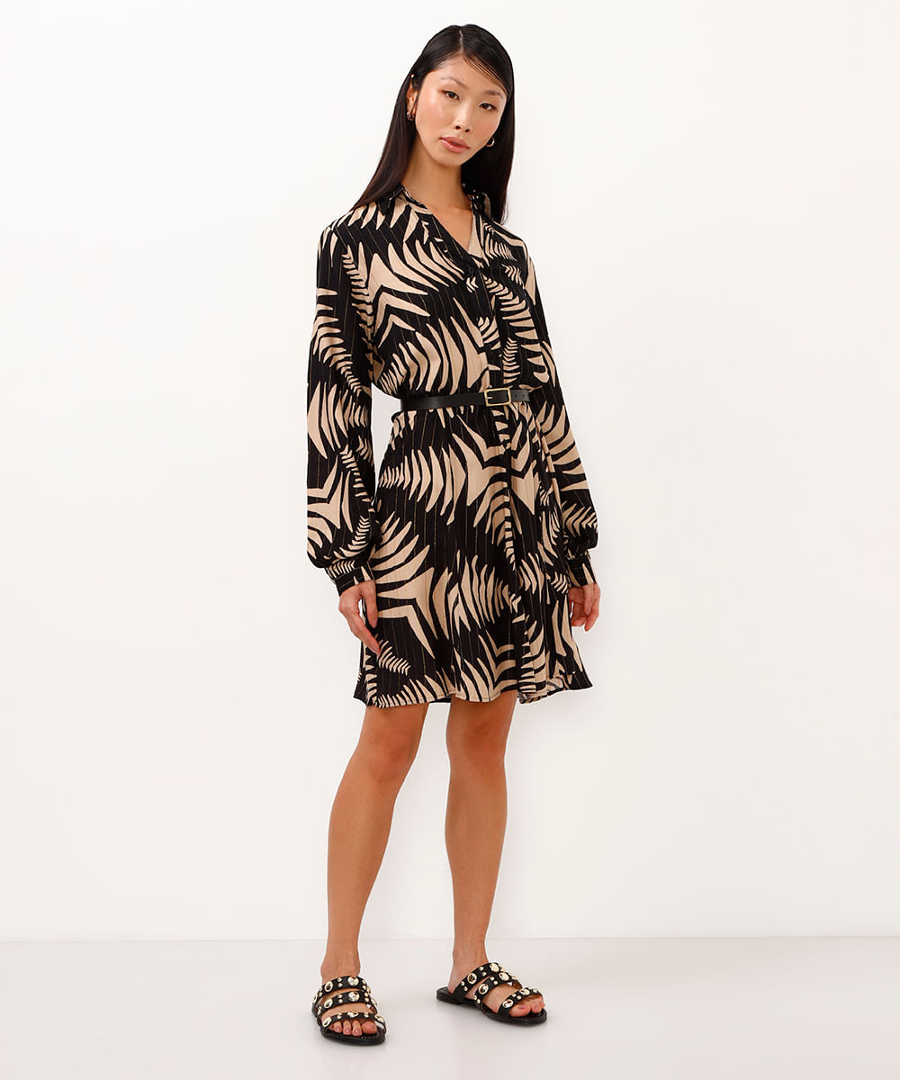 vestido de viscose chemise geométrico com lurex preto