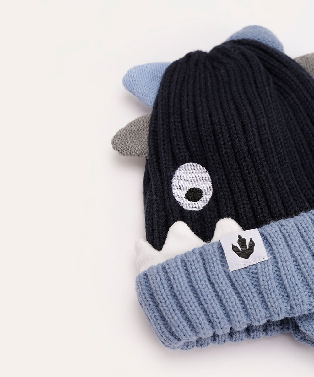 gorro de tricot infantil dinossauro azul marinho