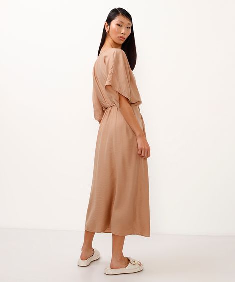 vestido de viscose midi transpassado bege
