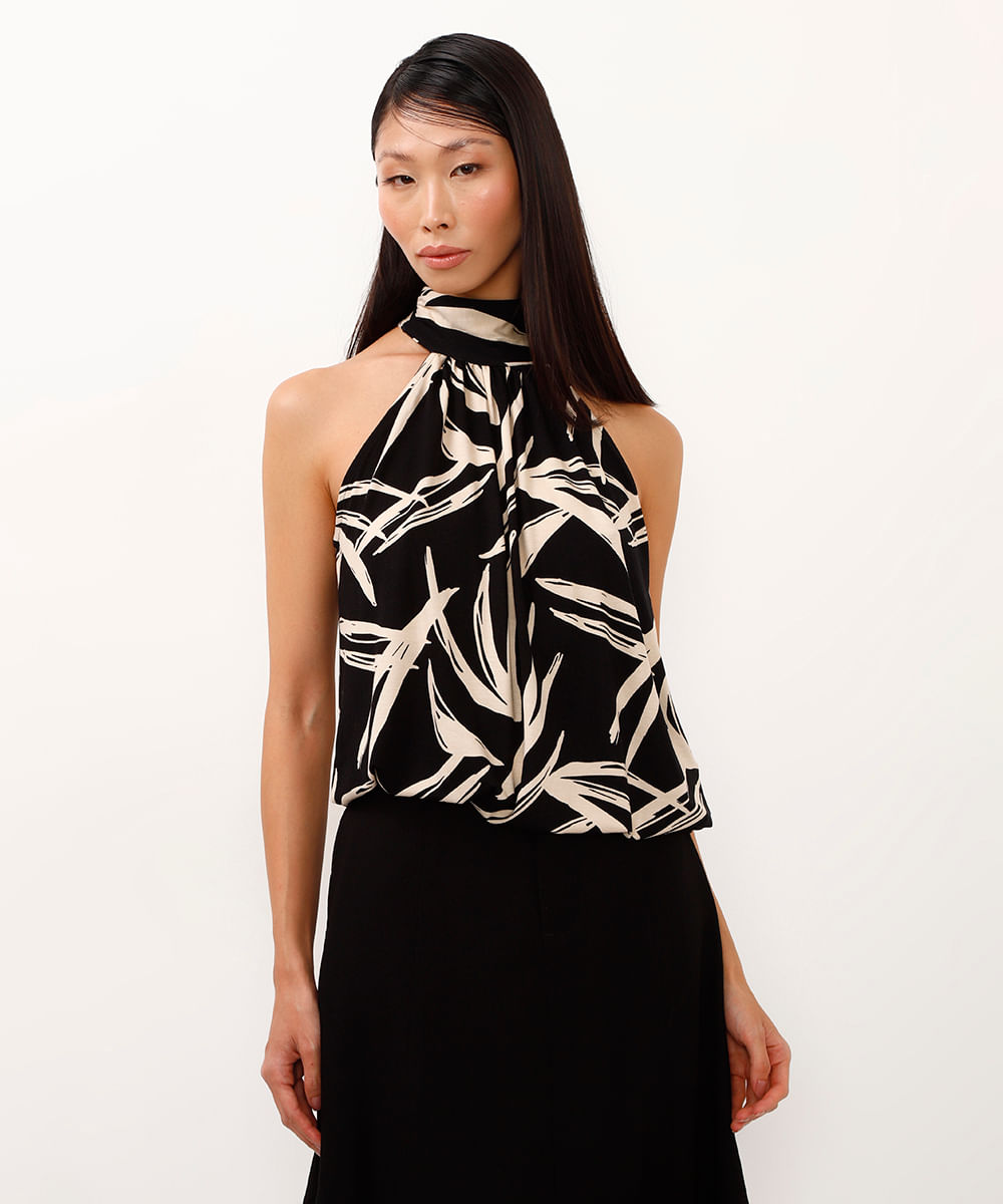 regata de viscose halterneck geométrica preto