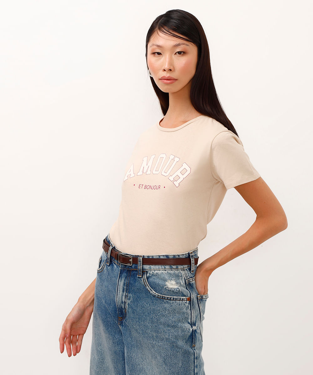 camiseta de algodão manga curta amour bege