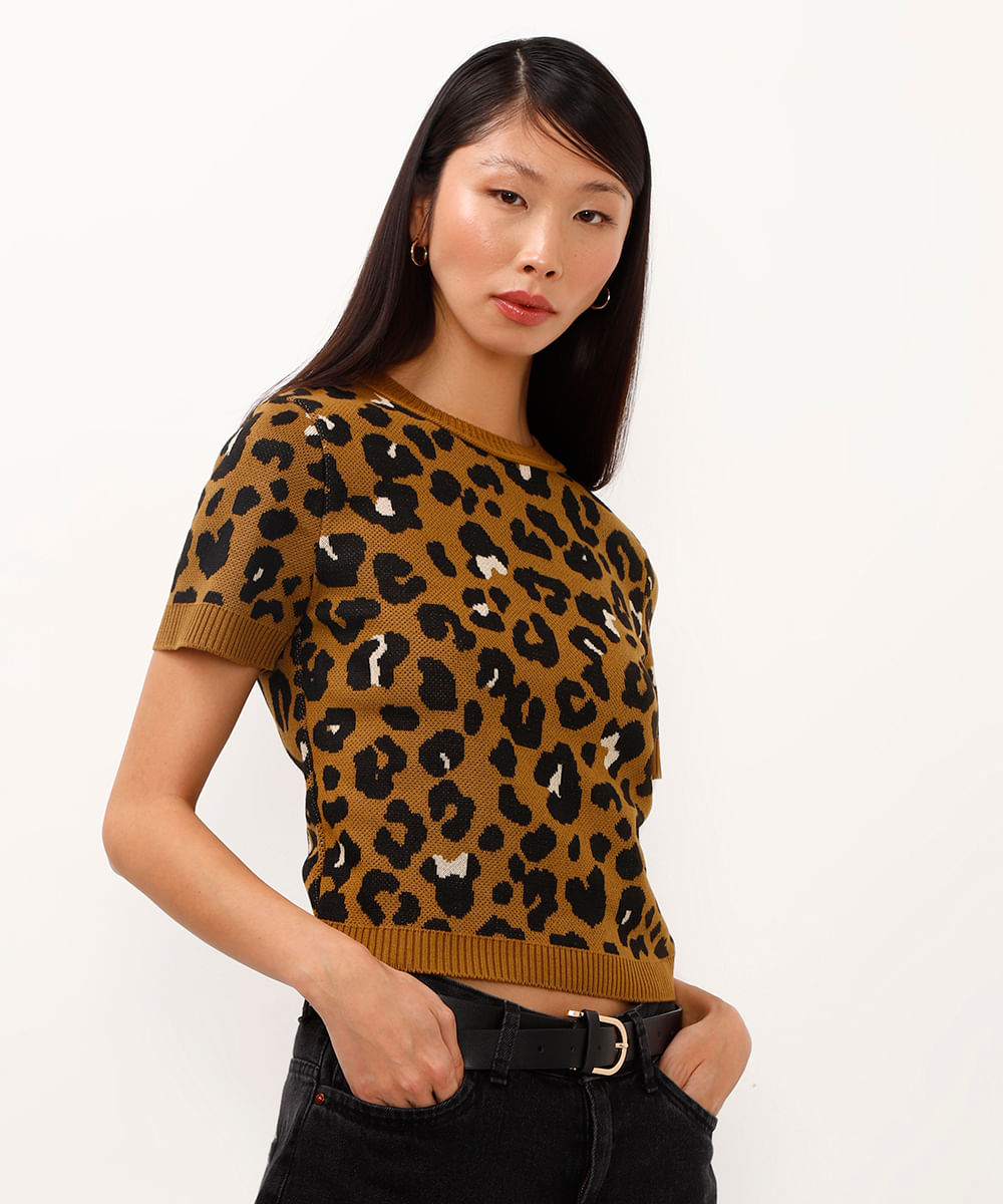 blusa de tricot minnie animal print bege