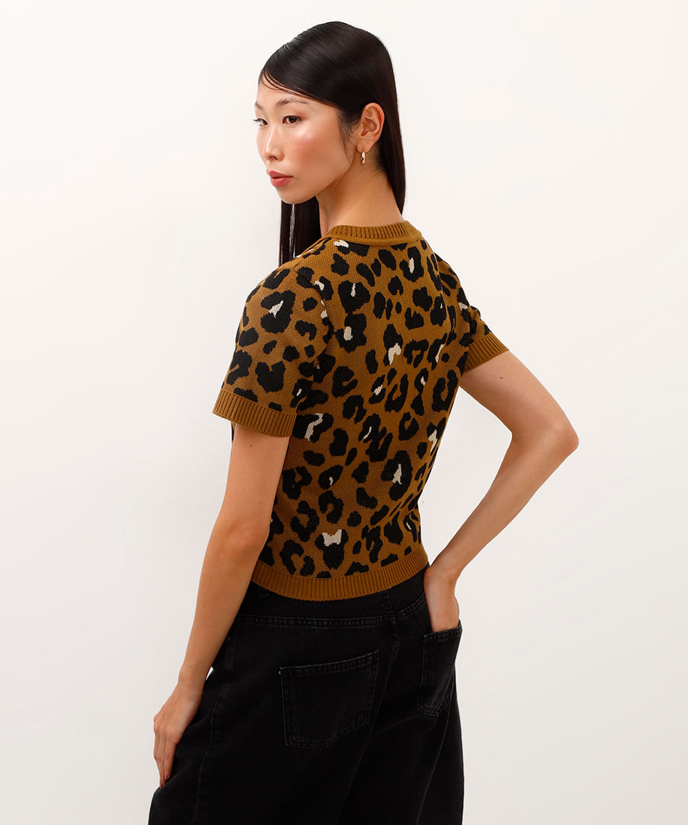 blusa de tricot minnie animal print bege
