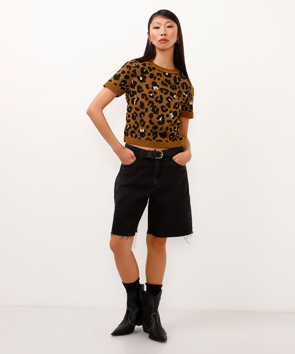 blusa de tricot minnie animal print bege