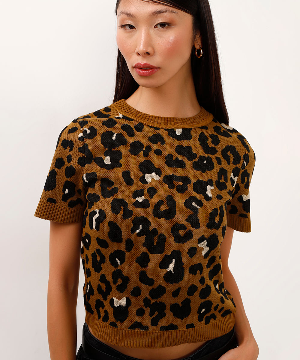 blusa de tricot minnie animal print bege