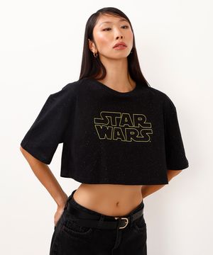 camiseta de algodão cropped com brilhos star wars preto