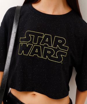 camiseta de algodão cropped com brilhos star wars preto