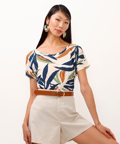 blusa de algodão decote canoa folhagem azul marinho