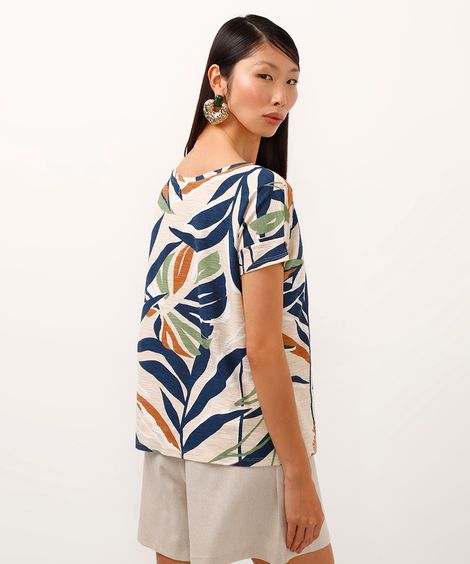 blusa de algodão decote canoa folhagem azul marinho