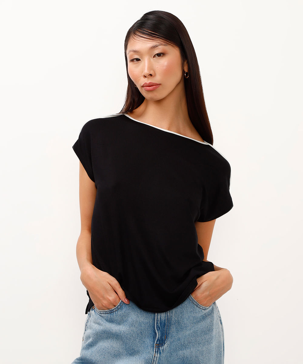 blusa de viscose manga japonesa bicolor preto
