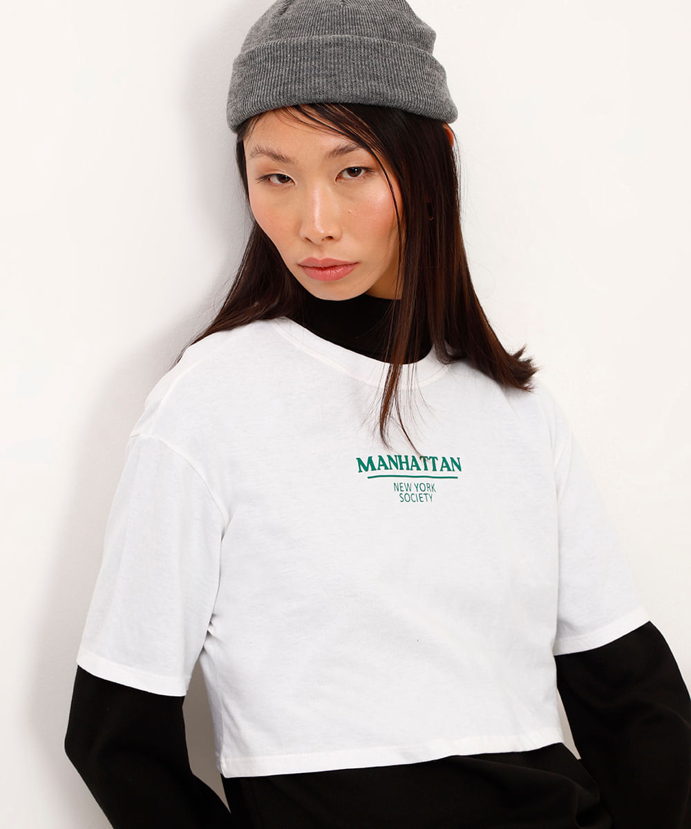 camiseta de algodão cropped manhattan off white