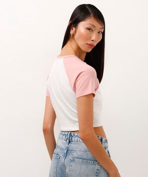 camiseta cropped de algodão bicolor new york rosa