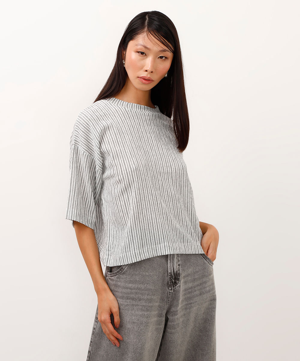 blusa manga curta decote redondo listrada off white