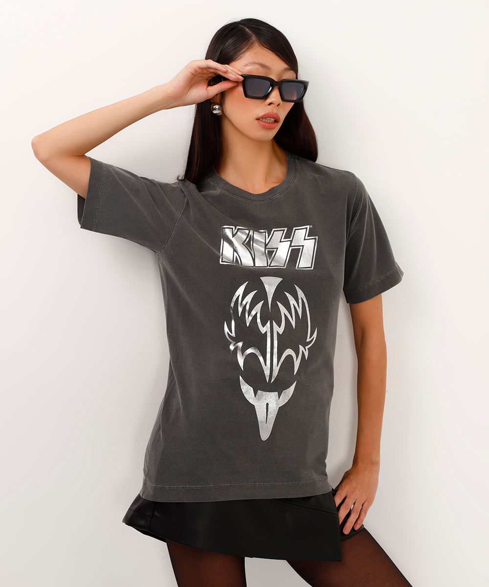 camiseta de algodão metalizada kiss cinza